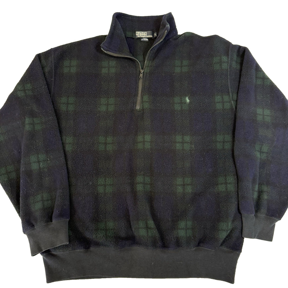 Vintage Polo Ralph Lauren Y2K Silver Tag Blue Green Plaid 1/4 Zip Fleece Large